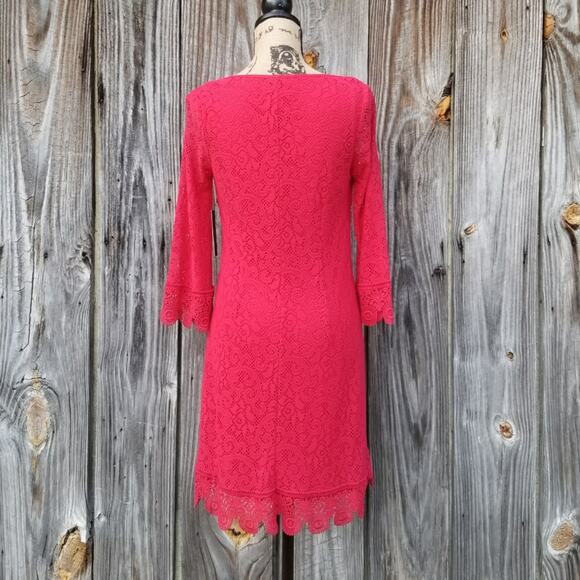 Red Lace Crochet Dress Laundry Shelli Segal Size 6 Scallop Edge Flare Sleeve NWT - Picture 4 of 9